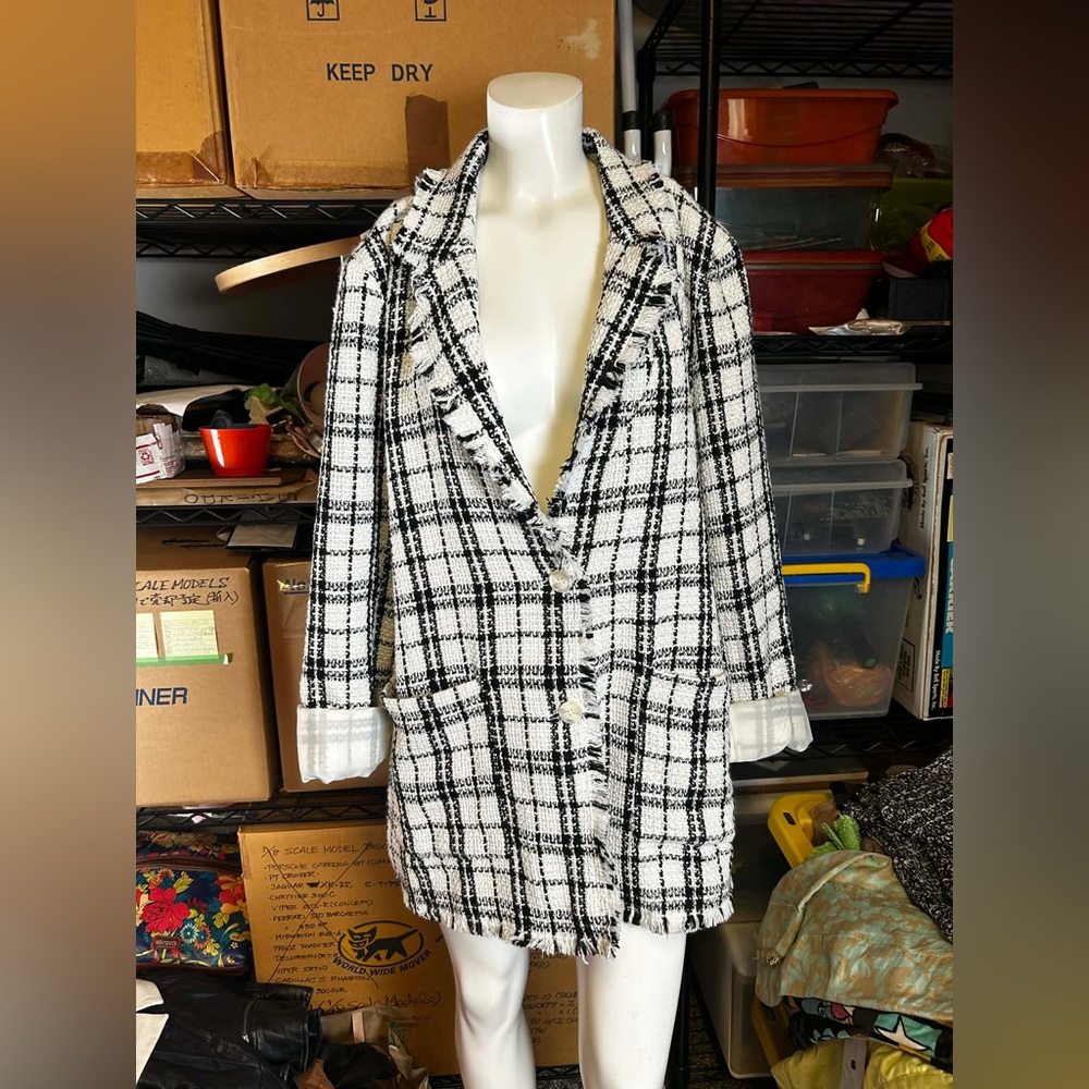 Black & White Plaid Tweed Blazer Coat